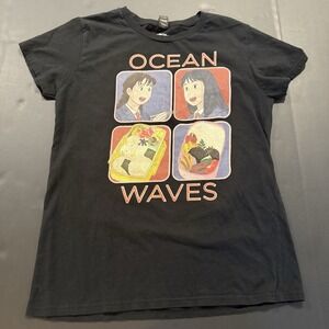 Studio Ghibli Film Collection Ocean Waves Women's M Black T-Shirt